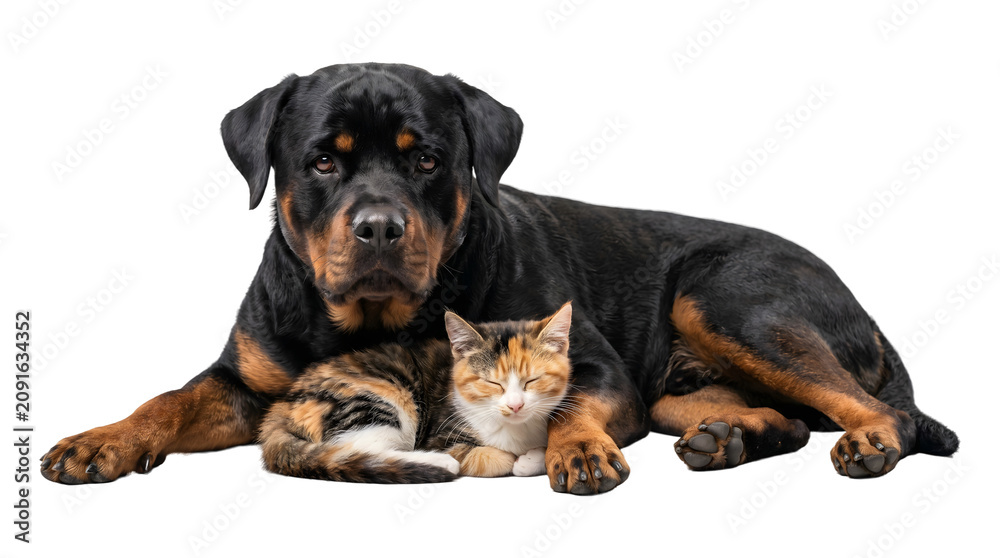 Obraz premium Rottweiler dog lying beside a sleeping calico kitten resting between its paws as PNG isolated transparent background