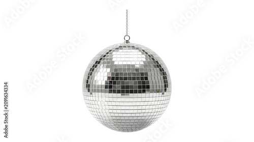 Fotografía Silver mirrored disco ball hanging from a metal chain with reflective square til