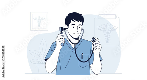 Doctor examining patient with otoscope and stethoscope, medical cartoon illustration.