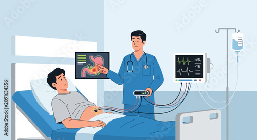Doctor examining patient with medical equipment, showing stomach scan