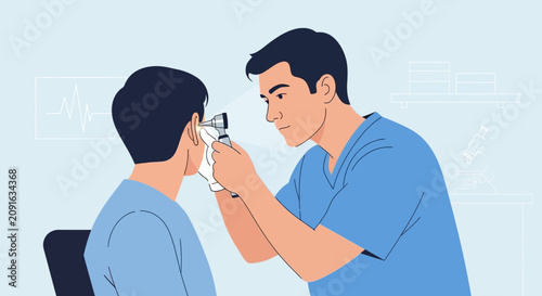 Doctor examining patient's ear with otoscope - medical illustration