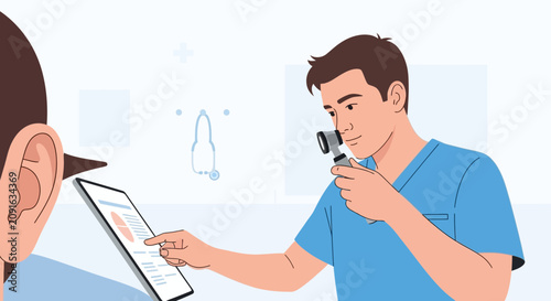 Doctor examining patient's ear with otoscope and tablet in clinic