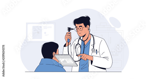 Doctor examining patient's ear with otoscope in modern clinic