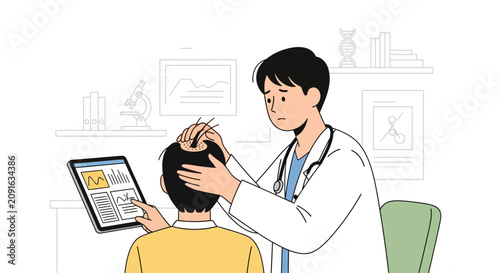 Doctor examining patient's head with digital health records on tablet