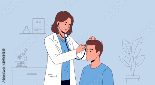 Doctor examining patient's head with stethoscope, healthcare illustration