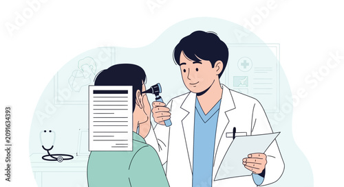 Doctor examining patient's ear with otoscope, medical illustration