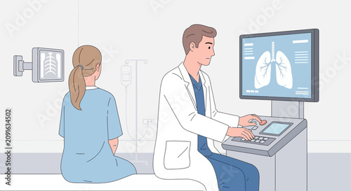 Doctor reviewing lung scan on computer screen with patient in clinic