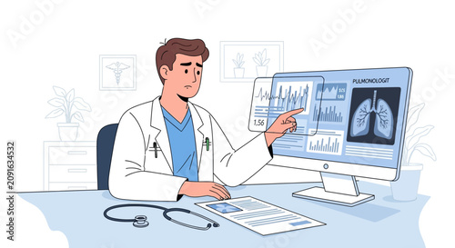 Doctor reviewing medical data and lung scan on computer screen