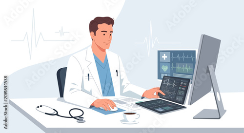 Doctor using computer for medical data analysis
