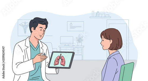 Doctor shows lungs illustration on tablet to female patient in clinic
