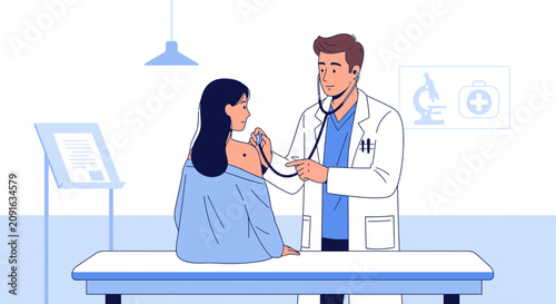 Doctor with stethoscope examining patient in clinic office, healthcare concept