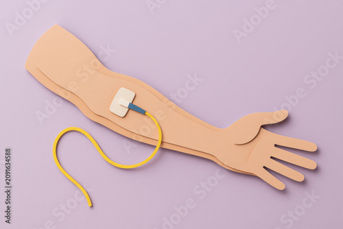 Paper craft forearm with needle and yellow tube, layered paper effect, soft shadow on lavender background, medical IV concept art