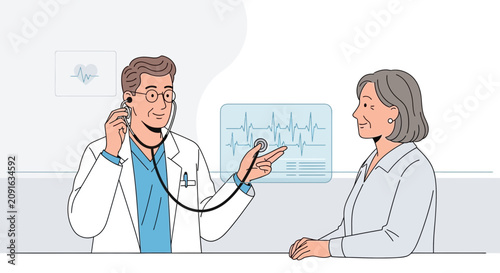 Doctor with ECG monitor examining elderly woman's health, medical checkup concept