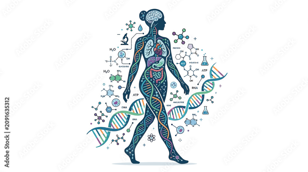 Fototapeta premium Human Anatomy, DNA Helix, and Scientific Molecules Illustration