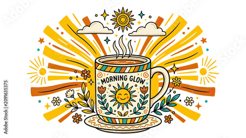 Tableau sur toile Morning Glow Coffee Cup with Sun Design and Warm Rays Background