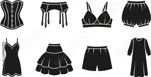 Obraz na płótnie Women's Lingerie and Sleepwear Silhouette Icon Set Featuring Corset Bra Garter S