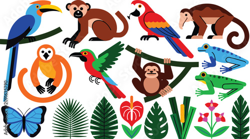 Canvas Print Tropical Jungle Animals and Wildlife Flat Icon Vector Set with Monkeys Parrot Sl