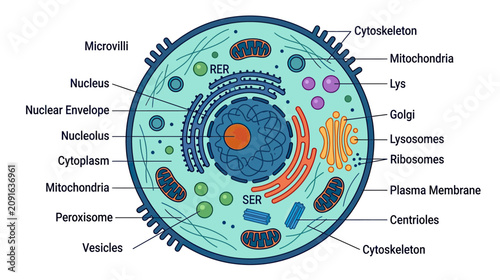 Bild auf Leinwand Animal Cell Diagram: Nucleus, Mitochondria, Golgi, Ribosomes, Cytoplasm