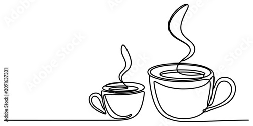 Cuadro en lienzo Two coffee cups with steaming hot drinks drawn in a continuous line art style