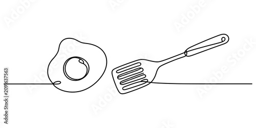 Tableau sur toile Continuous single line drawing of a fried egg and a kitchen spatula for cooking