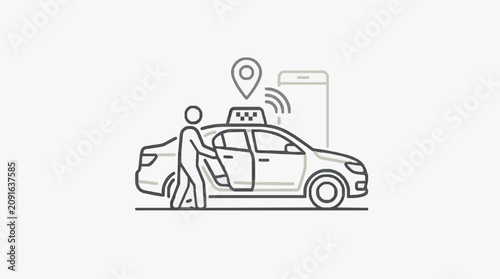 Clean Line Drawing of Person Hailing a Black and White Taxi with GPS and Mobile App Icons with high quality professional line art symbols for modern creative design and digital branding projects