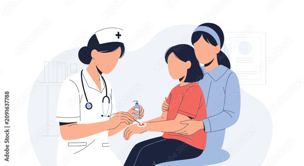 Fototapeta premium Nurse administering vaccine to child with mother present