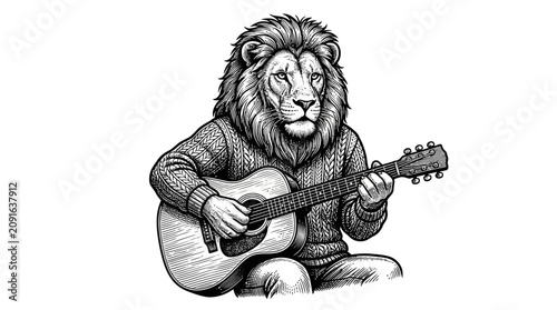 Fotografía Lion playing acoustic guitar sitting down.