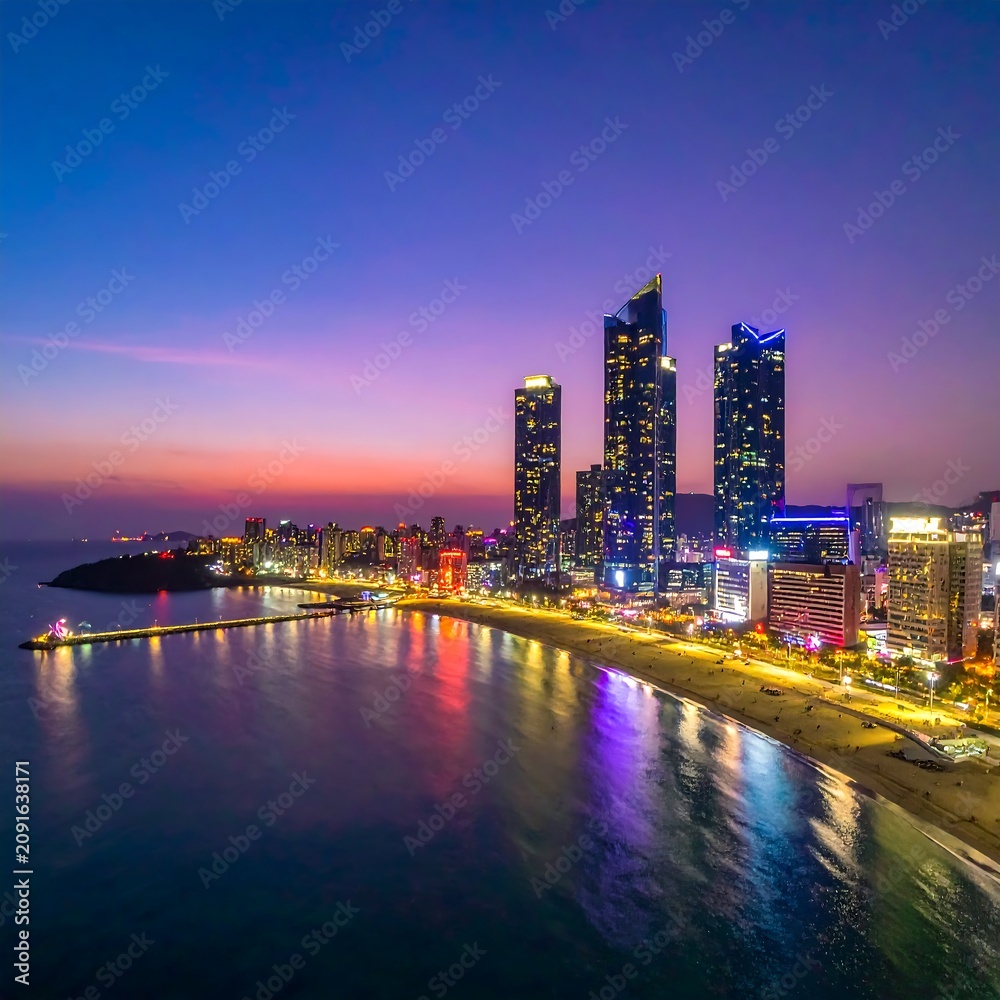 Naklejka premium Coastal City Skyline at Dusk with Reflections on Water