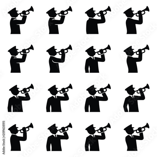фотографія Set of bugler soldier silhouettes playing trumpet isolated on white background w
