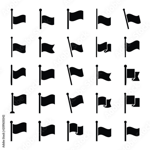 Фотография Set of various flag icons on poles in solid black glyph style with navigation lo