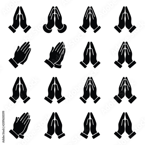 Fotografie Set of prayer hands silhouette icons in various angles for religious themes with