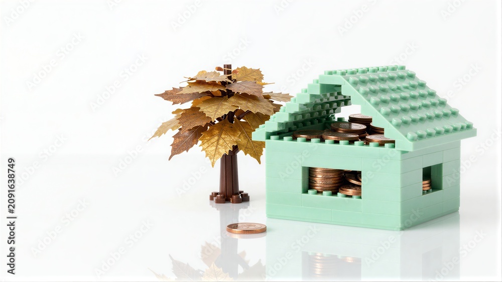 Fototapeta premium House built with LEGO bricks filled with coins, beside a tree made of gold leaves.