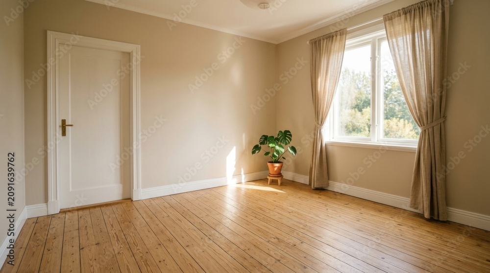Fototapeta premium Elegant Light Wood Flooring in Bright Room Showcasing Quality Craftsmanship and Modern Interior