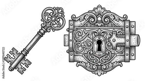 Photos Antique Ornate Key and Lock Illustration