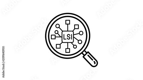 Magnifying glass over digital network with LSI symbol, search engine optimization concept