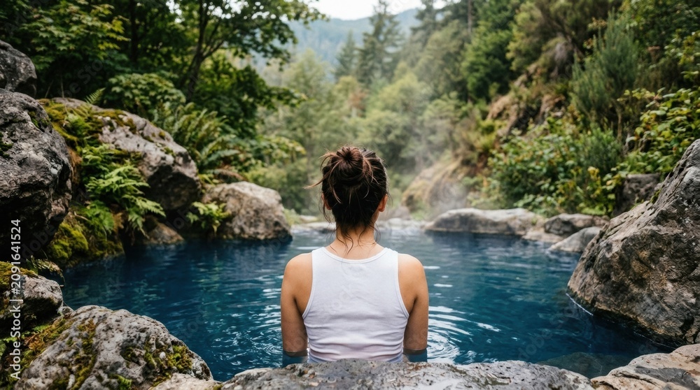 Fototapeta premium Serene young woman in white tank top sitting blue hot spring