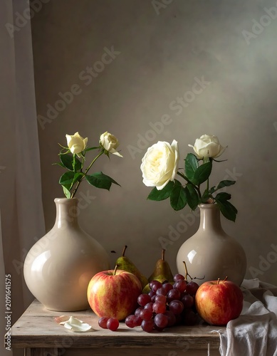 White Roses in Vases with Fruit on Wooden Table
