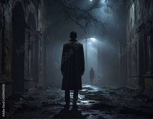 Figure in Coat Standing in Foggy Alley at Night