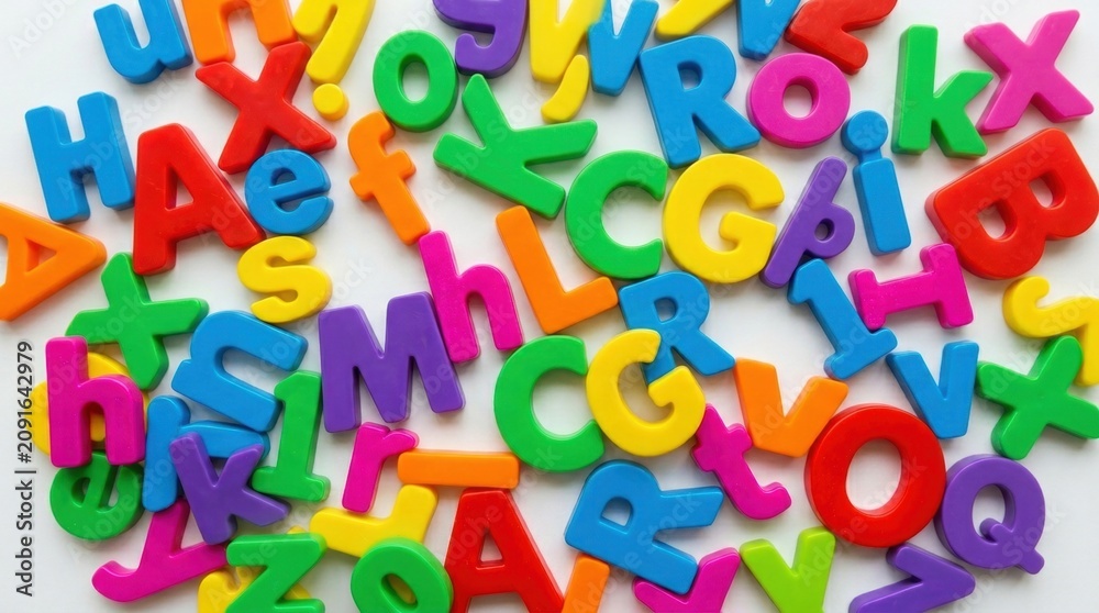 Fototapeta premium Vibrant Alphabet Magnets Beautifully Arranged on White Background Bright letter a surface