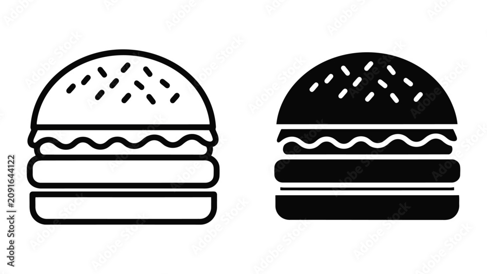 Fototapeta premium Minimalist Burger Icon Set Featuring Outline and Solid Vector Illustrations for Food Design