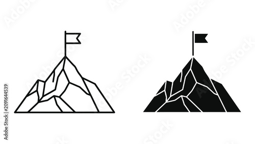 Bild auf Leinwand Minimalist Mountain Peak Icons with Flag on Top in Linear and Solid Vector Illus