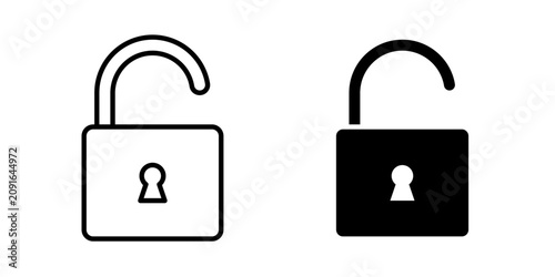 Unlock icon in outline and solid style, isolated on white background. Ideal for access, open permission, and security features in mobile and web design.