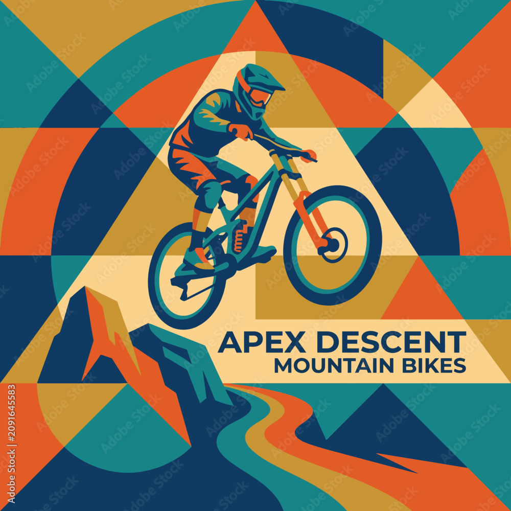 Fototapeta premium An energetic illustration depicting a mountain biker soaring down a slope, showcasing the thrill of mountain biking and the beauty of the great outdoors in a geometric style.