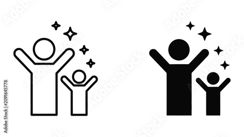 Parent and Child Celebrating Together Vector Icons Set in Minimalist Outline and Solid Black Style