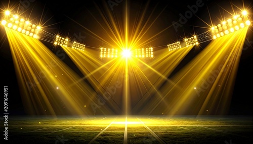 A wide angle view of an empty stadium field illuminated by bright yellow spotlights shining down from above against a dark night time background.
