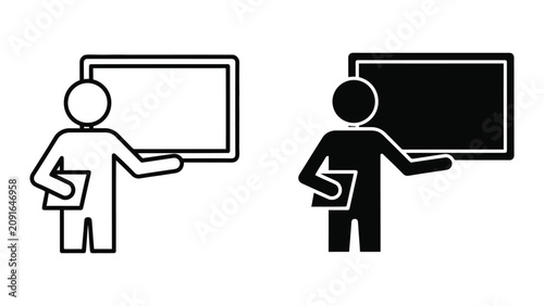 Teacher Presenting at a Blackboard Icon Set Featuring Minimalist Line Art and Solid Silhouette Styles