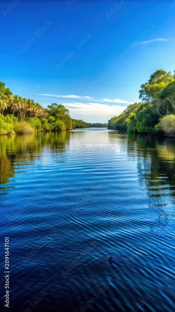 Fototapeta premium Serene Florida river landscape with dark blue water and soft waves
