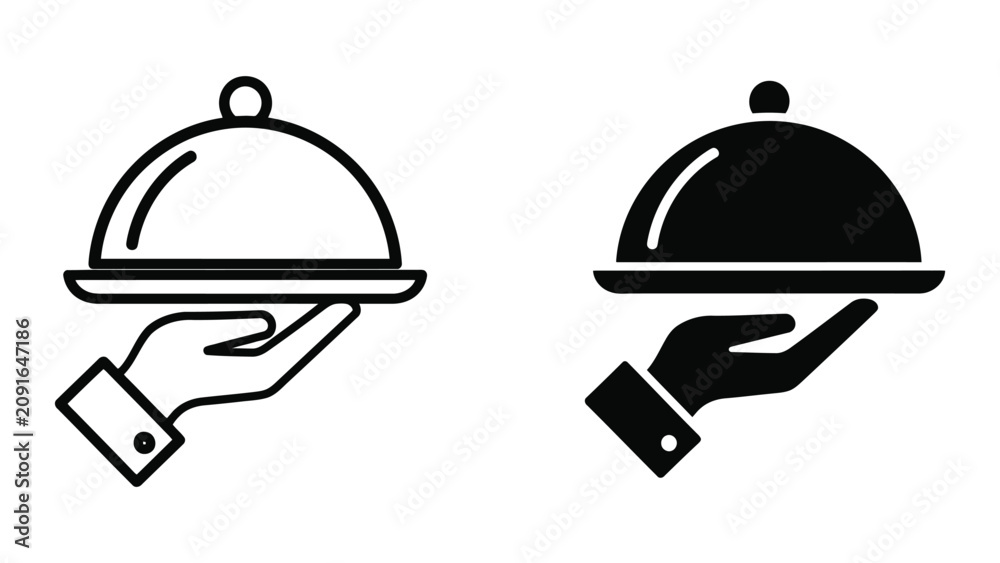 Fototapeta premium Hand Holding Serving Cloche Tray Icon Set in Minimalist Vector Style for Restaurant Service Design