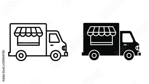 Food Truck Icons Set Featuring Outline and Solid Silhouette Styles for Mobile Catering Services
