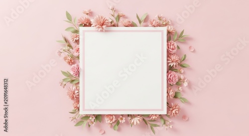 Pink floral frame with white center on pastel background flowers green leaves